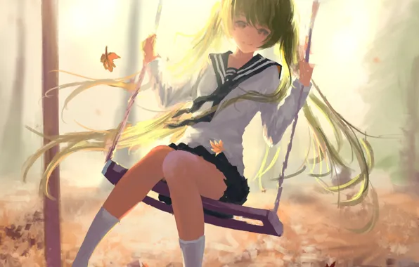 Picture leaves, girl, trees, swing, anime, art, form, schoolgirl