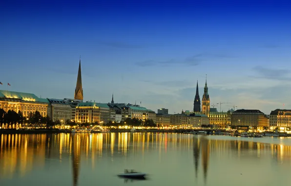 Picture lights, lake, home, the evening, Germany, Hamburg, town hall, Alster