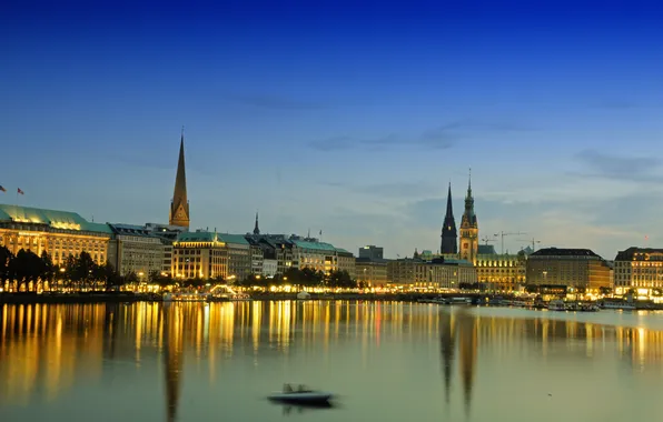 Lights, lake, home, the evening, Germany, Hamburg, town hall, Alster