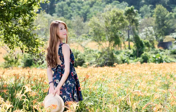 Picture summer, nature, face, background, hair, dress, hat, walk