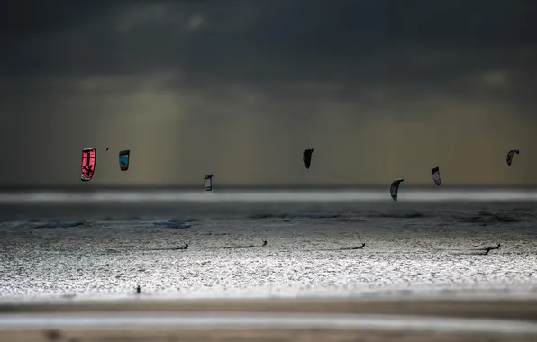 Sea, the sky, clouds, parachute, kitesurfing