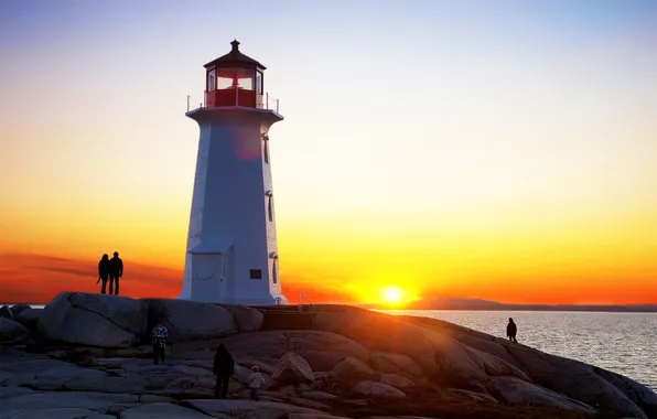 Sea, the sky, sunset, stones, rocks, people, lighthouse, Solnce