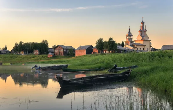 River, dawn, boats, village, Arkhangelsk oblast, Kimzha