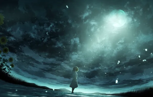 The sky, water, sunflowers, overcast, the moon, girl