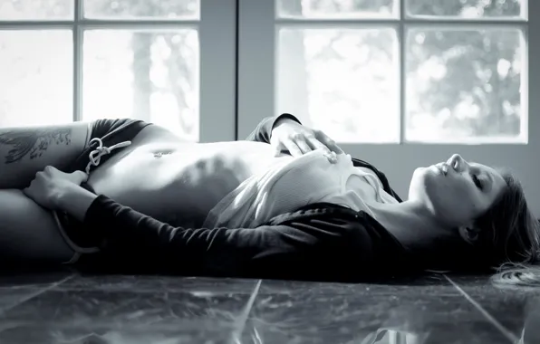 Girl, b/W, tattoo, lies, on the floor
