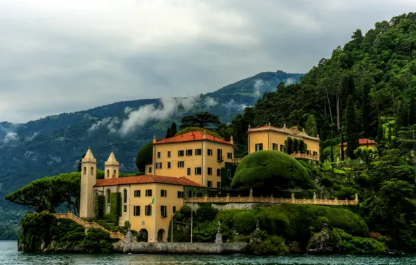 Sea, trees, mountains, house, coast, Villa, Italy, Lombardy