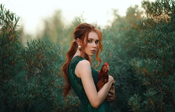 Bird, earrings, shrub, cock, green dress, red-haired beauty, female portrait, Lera Of Vasiljeva
