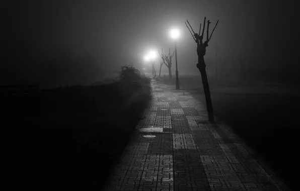 Road, light, night, fog, posts, depression, the sidewalk, Melancholy