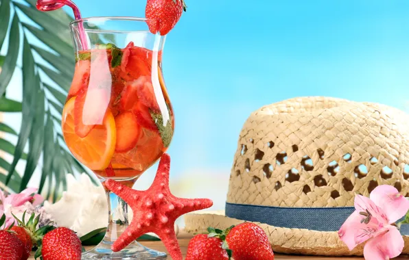 Picture sea, flower, hat, strawberry, cocktail, starfish, palm leaves