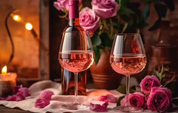 Light, flowers, lights, table, holiday, wine, bottle, roses