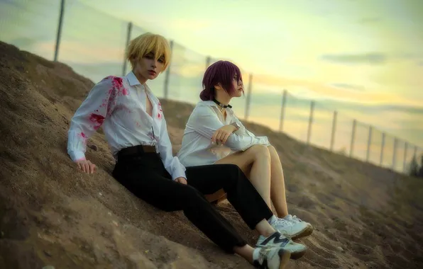 Sand, shore, blood, the fence, fence, slope, pair, outfits