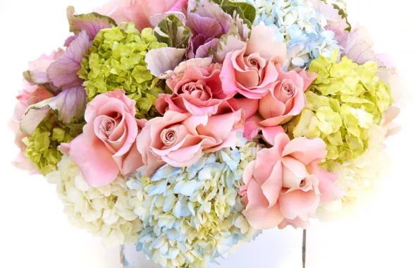Flowers, roses, bouquet, vase, hydrangea