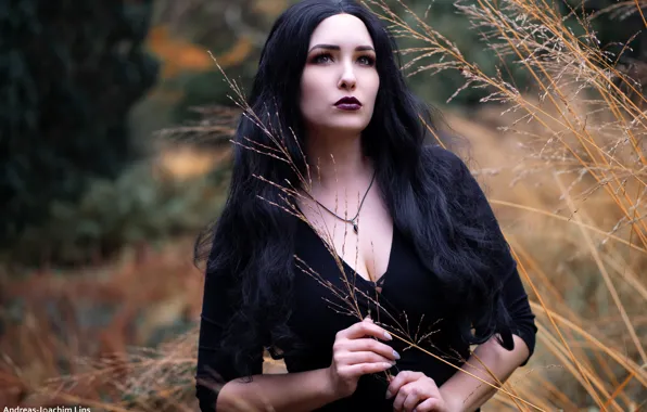 Grass, model, portrait, makeup, dress, brunette, hairstyle, nature