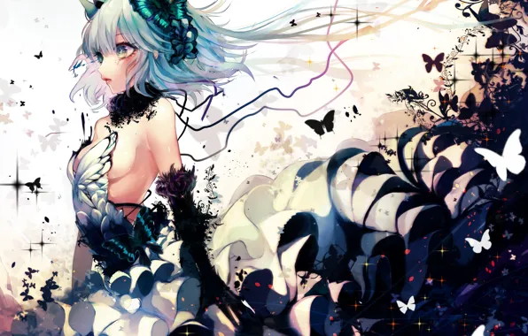 Picture girl, butterfly, magic, anime, crown, art, renkarua