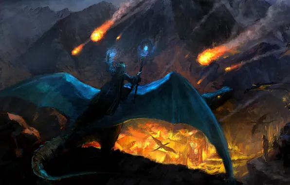 Picture fire, rocks, fire, dragons, army, art, attack, settlement