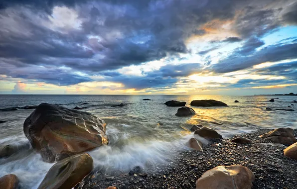 Sea, beach, clouds, sunset, pebbles, stones, horizon