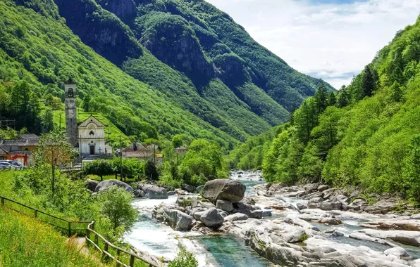 Picture greens, forest, summer, the sun, clouds, trees, mountains, stones