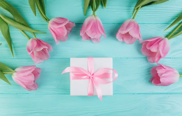 Picture love, flowers, gift, tulips, love, pink, fresh, wood