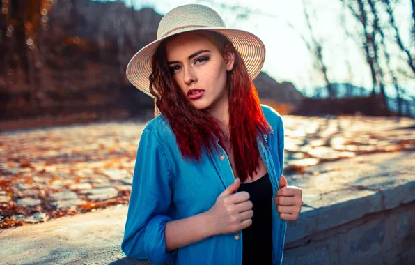 Picture look, girl, pose, portrait, hat, shirt, Acts Novels, Stele