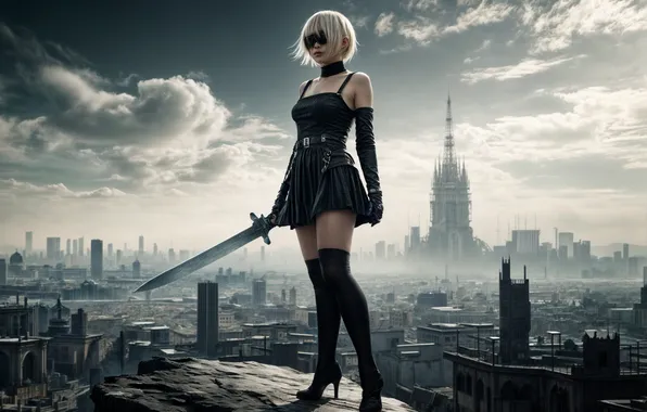Girl, the city, sword, YoRHa No.2 Type B, the image is generated by AI