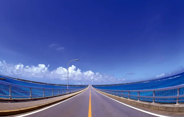 Road, clouds, bridge, markup, blue, line, lantern, railings
