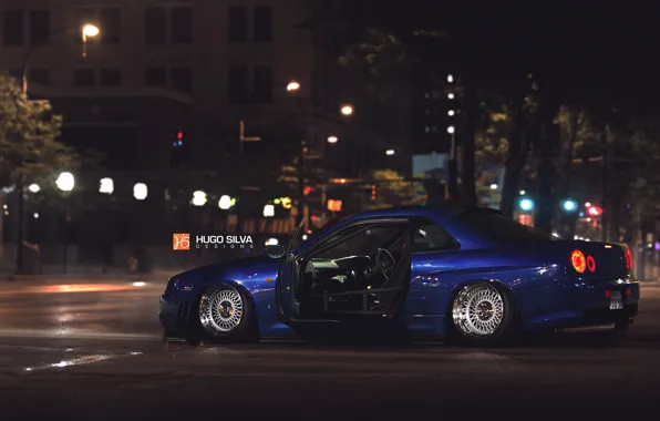 Auto, Blue, The city, Machine, Nissan, Skyline, Nissan Skyline, R34