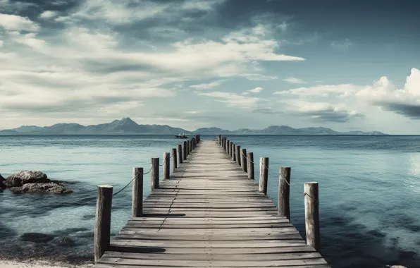 The sky, clouds, landscape, mountains, bridge, nature, stones, shore