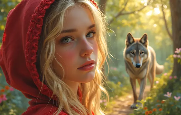 Forest, look, girl, face, wolf, portrait, blonde, hood