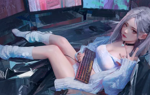 Look, keyboard, beautiful girl, digital art, white clothes, home computers, ILLDIAN