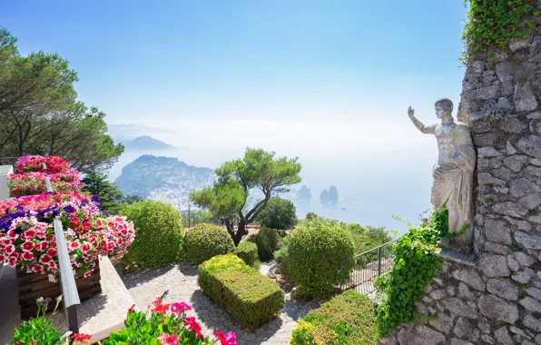 Sea, trees, flowers, Italy, statue, Capri