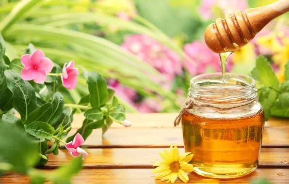 Picture flowers, table, honey, spoon, wooden, jar
