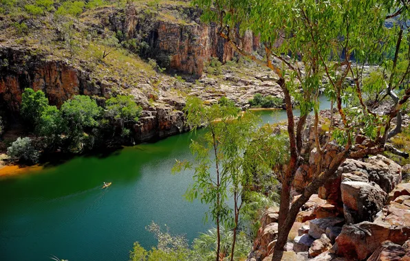 Trees, river, stones, rocks, boat, Australia, National Park Nitmiluk