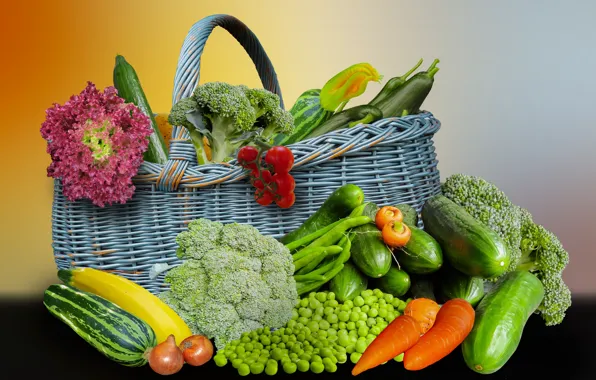 Harvest, bow, peas, basket, vegetables, tomatoes, carrots, a lot