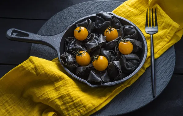The dark background, table, stylish, food, towel, yellow, plug, yellow