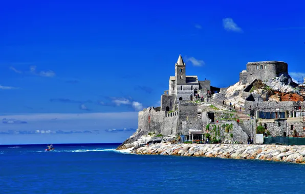 Sea, the sky, house, people, tower, boat, Italy, Church