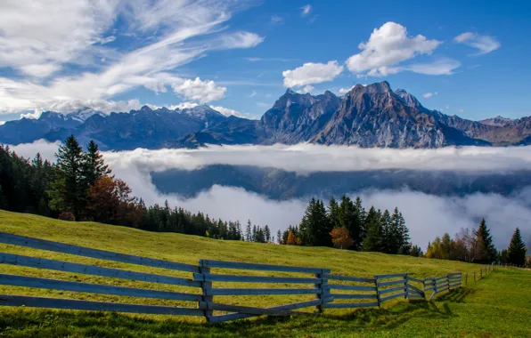Clouds, mountains, the fence, Switzerland, Alps, meadow, Switzerland, Alps