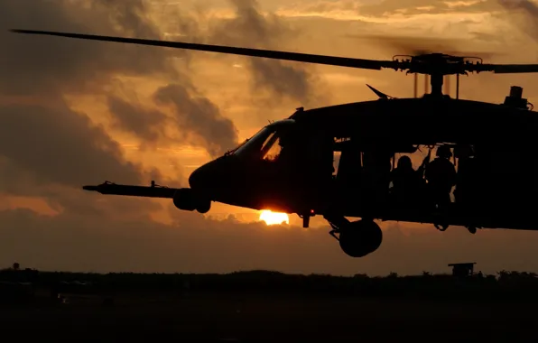 Picture the evening, helicopter, soldiers