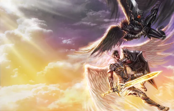 The sun, clouds, weapons, wings, sword, angels, art, male
