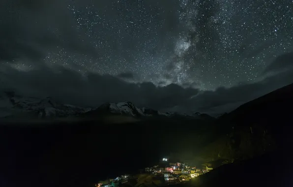 The sky, stars, landscape, mountains, night, lights