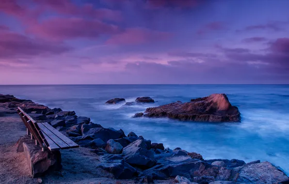 Picture sea, bench, stones, coast, the evening, horizon, CA, USA
