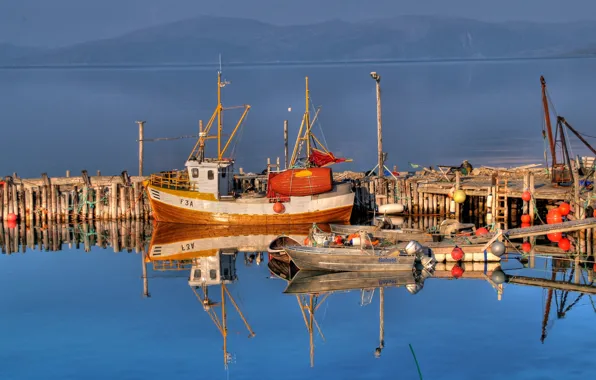 Mountains, Boats, Pier