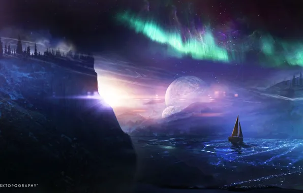 Water, ship, planet, glow, Northern lights, desktopography, dreamworld