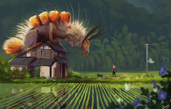 Girl, caterpillar, house, dog, being, fantasy