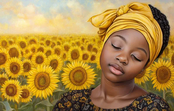 Field, girl, sunflowers, flowers, girl, black, black woman, imitation painting