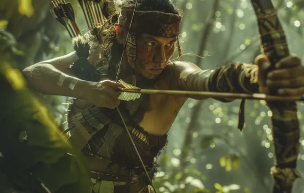 Girl, Warrior, Bow, Maya, Jungle, Arrow, Digital art, Indian