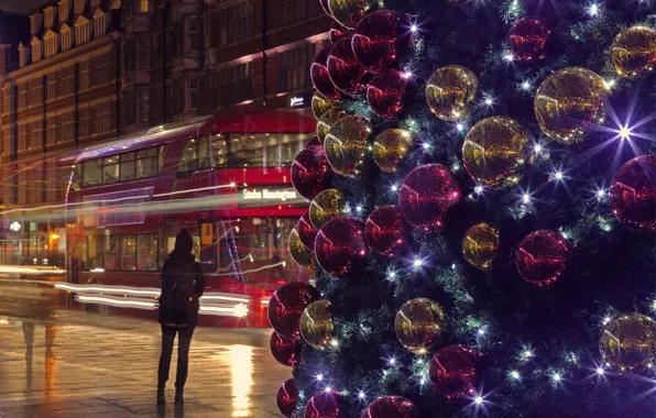 Lights, holiday, street, England, London, Christmas, bus