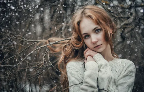 Winter, white, girl, snow, trees, snowflakes, branches, photo