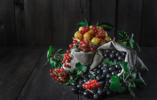 Leaves, berries, table, Board, black, still life, red, different