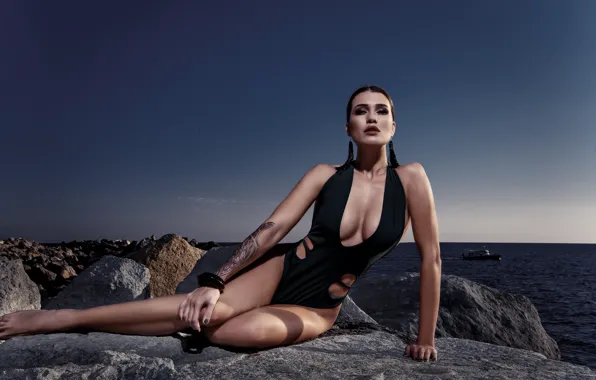 Sea, swimsuit, girl, pose, stones, figure, tattoo, Sergey Nibic