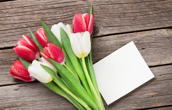 Flowers, bouquet, tulips, red, white, wood, flowers, tulips